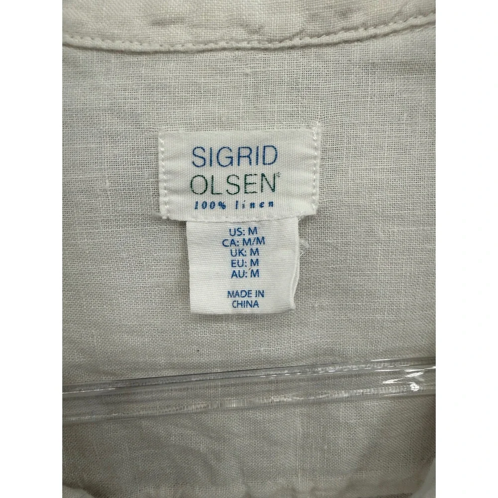 Sigrid Olsen Tunic Top Womens Medium White Blue Striped Linen 3/4 Sleeve‎ V-Neck